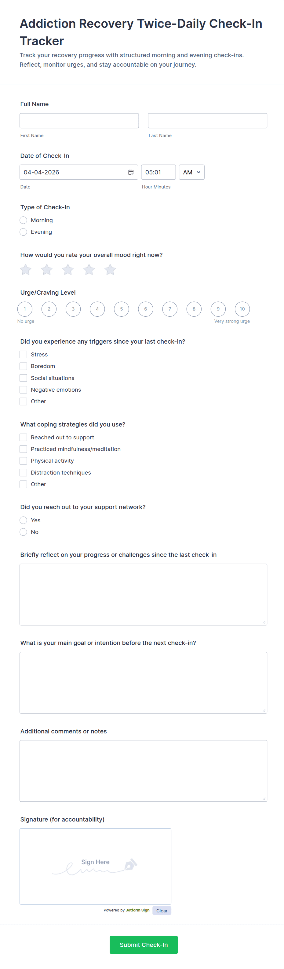 Addiction Recovery Twice-Daily Check-In Tracker Form Template | Jotform