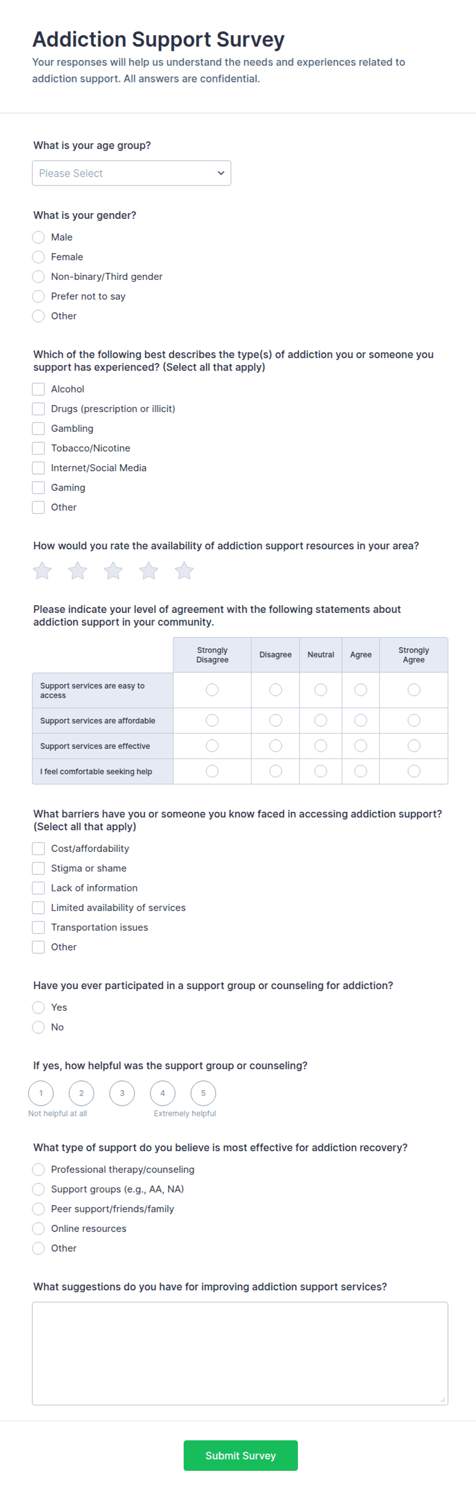 Addiction Support Survey Form Template | Jotform