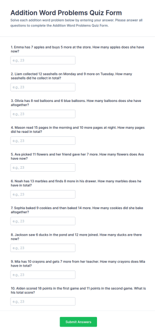 Addition Word Problems Quiz Form Template