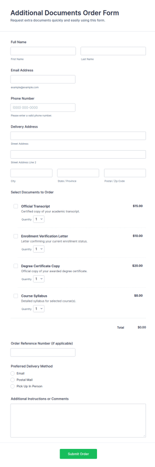 Additional Documents Order Form Template