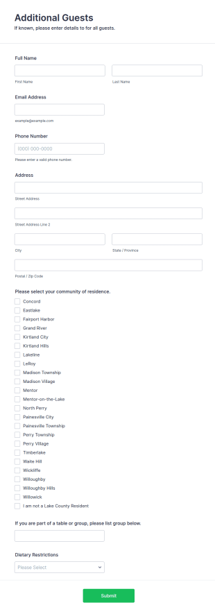 Additional Guests Form Template