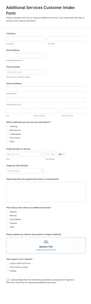 Additional Services Customer Intake Form Template