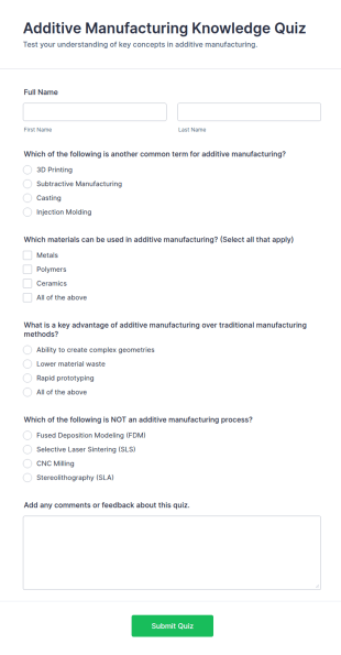 Additive Manufacturing Knowledge Quiz Form Template