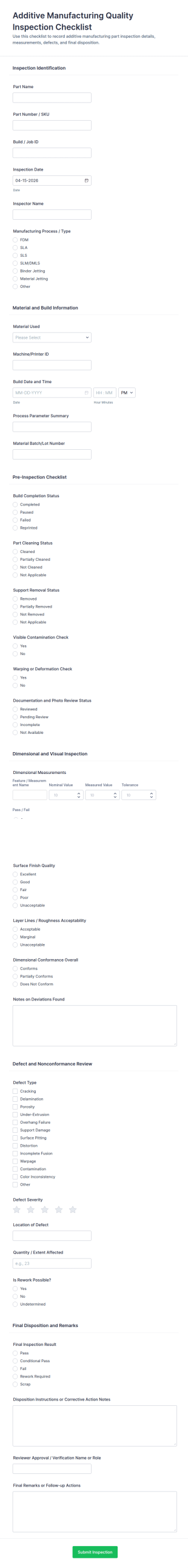 Additive Manufacturing Quality Inspection Checklist Form Template