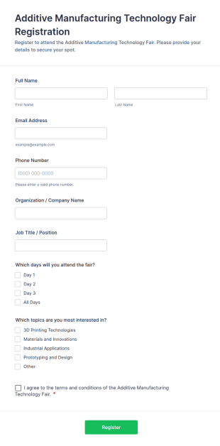 Additive Manufacturing Technology Fair Registration Form Template