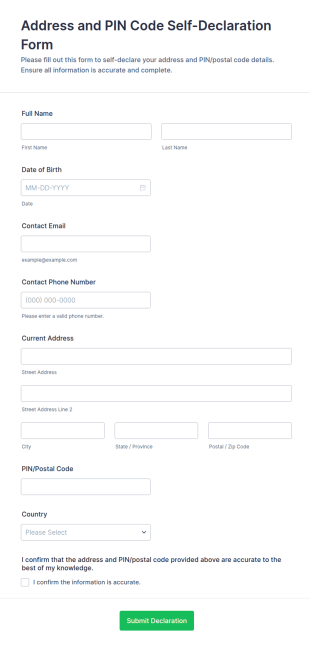 Address And PIN Code Self Declaration Form Template