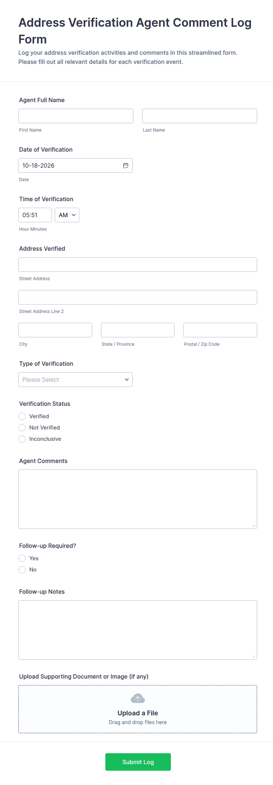 Address Verification Agent Comment Log Form Template | Jotform