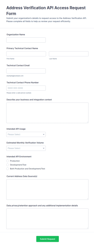 Address Verification API Access Request Form Template