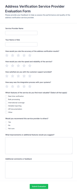Address Verification Service Provider Evaluation Form Template