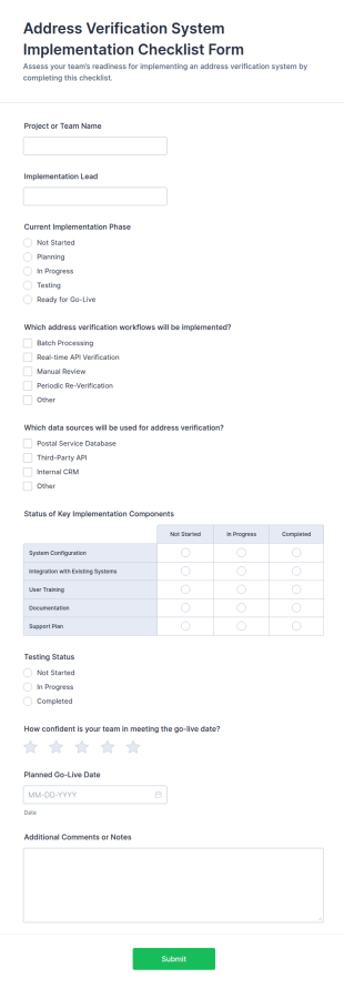 Address Verification System Implementation Checklist Form Template