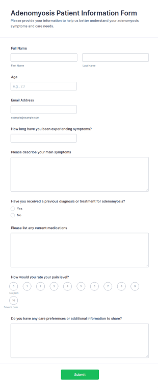 Adenomyosis Patient Information Form Template