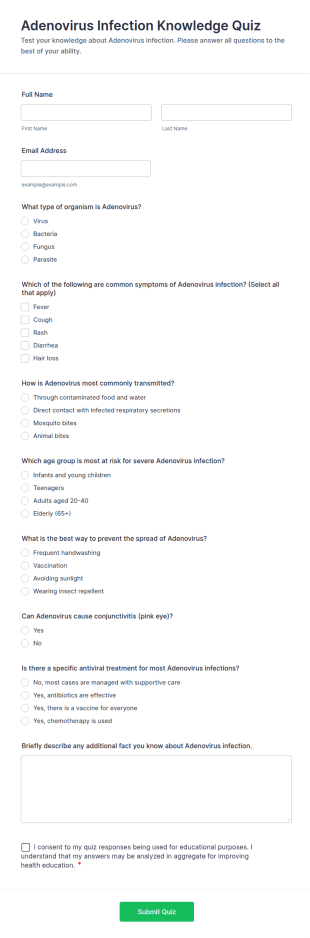 Adenovirus Infection Knowledge Quiz Form Template