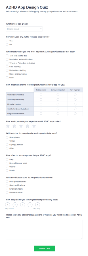 ADHD App Design Quiz Form Template
