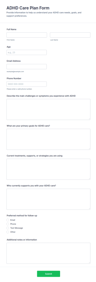ADHD Care Plan Form Template