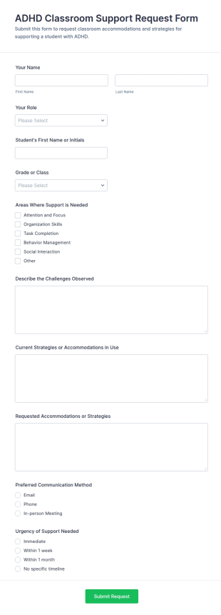 ADHD Classroom Support Request Form Template