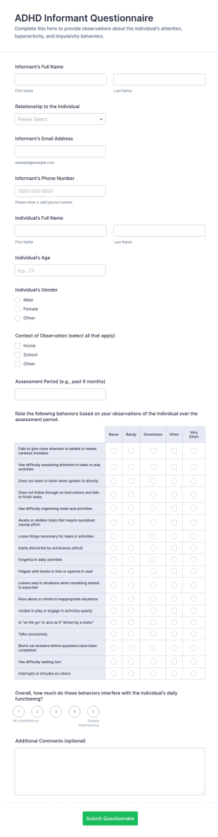 ADHD Informant Questionnaire Form Template