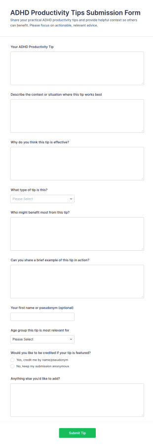 ADHD Productivity Tips Submission Form Template