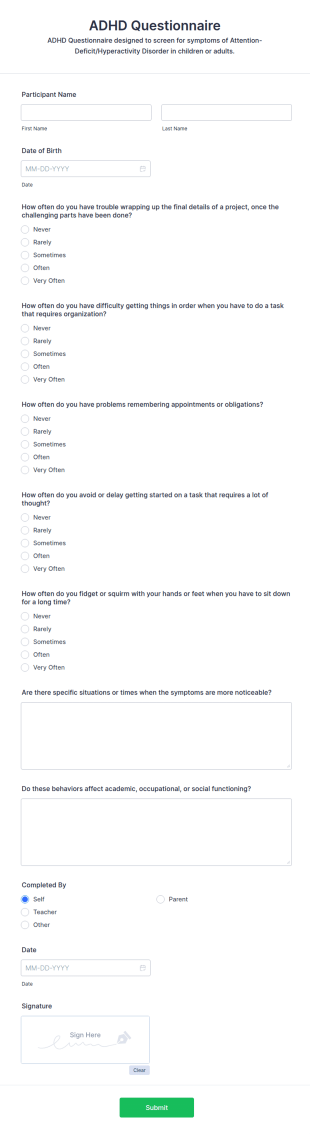 ADHD Questionnaire Form Template