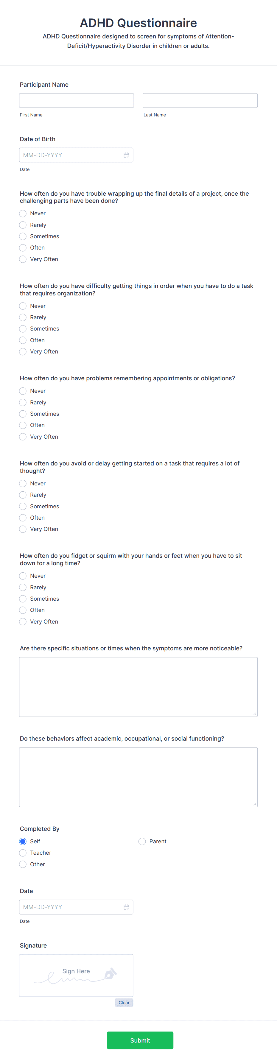 ADHD Questionnaire Form Template | Jotform
