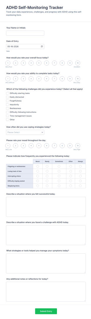 ADHD Self Monitoring Tracker Form Template