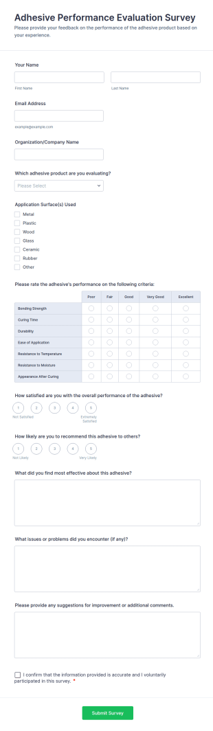 Adhesive Performance Evaluation Survey Form Template