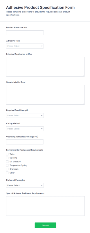 Adhesive Product Specification Form Template