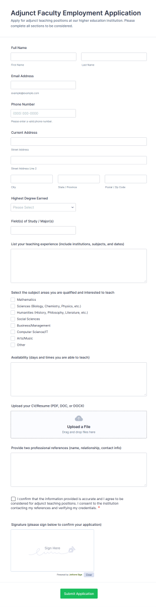 Adjunct Faculty Employment Application Form Template