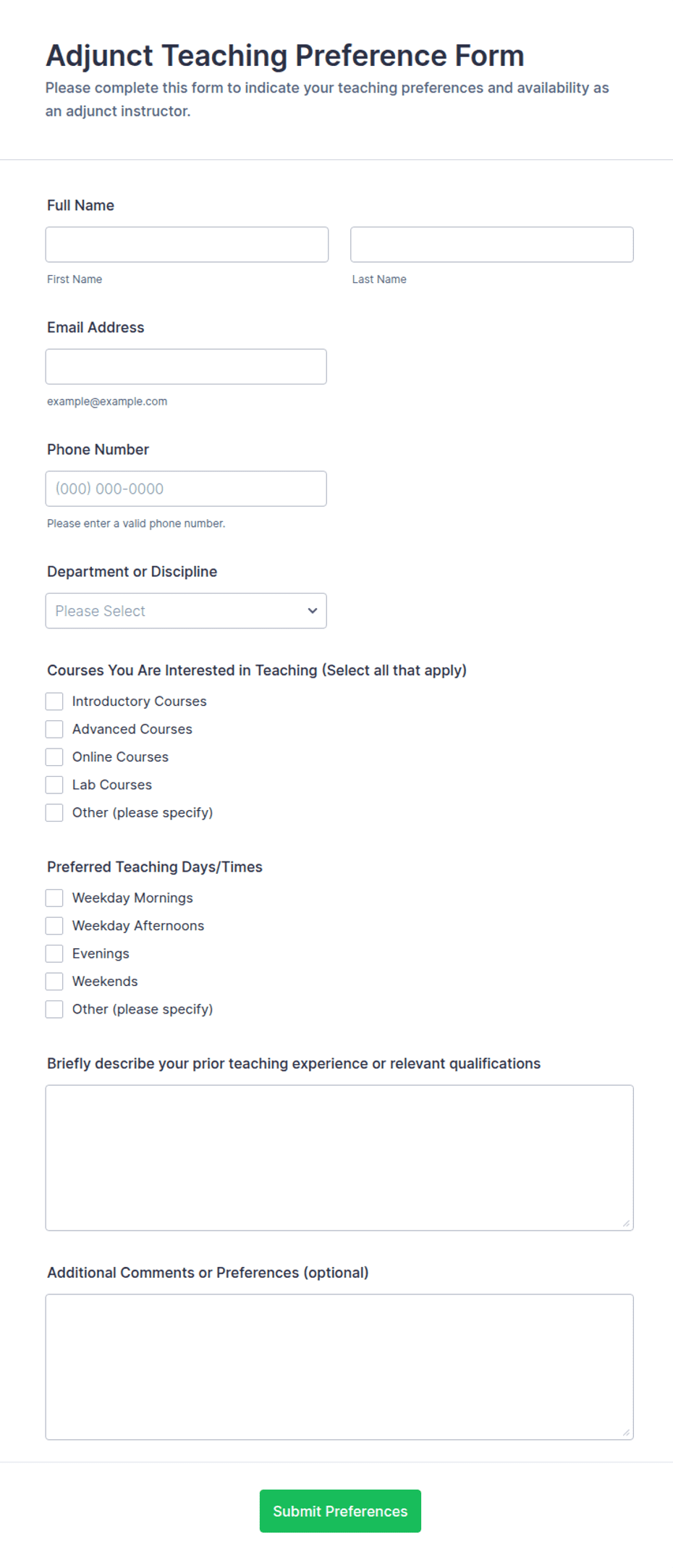 Adjunct Teaching Preference Form Template | Jotform