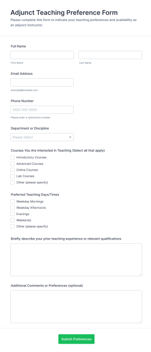 Adjunct Teaching Preference Form Form Template