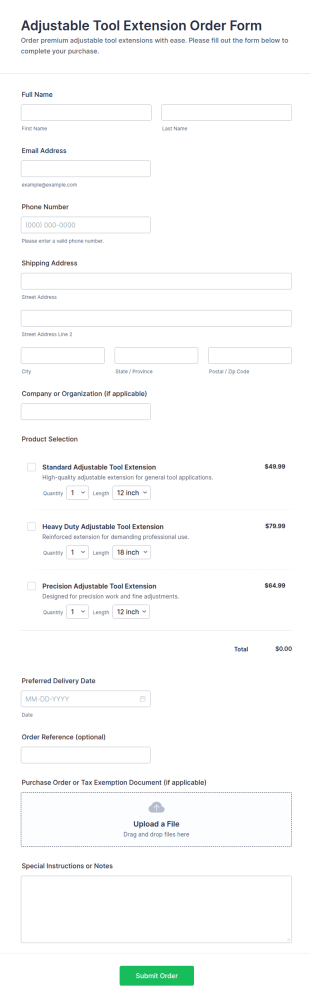 Adjustable Tool Extension Order Form Template