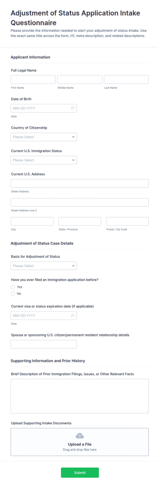 Adjustment Of Status Application Intake Questionnaire Form Template