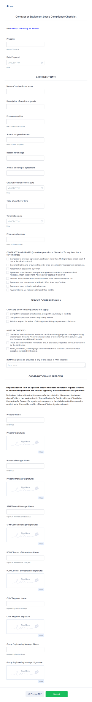 ADM 4 Contract Or Equipment Lease Compliance Checklist Form Template