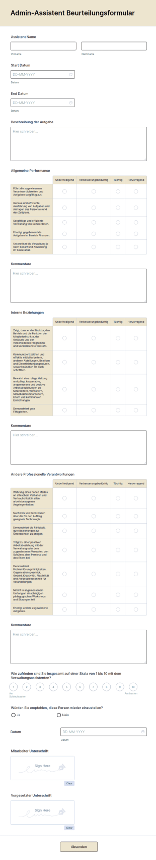 Admin Assistent Beurteilungsformular