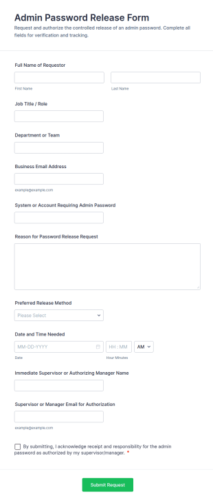 Admin Password Release Form Template