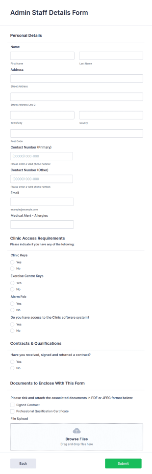 Admin Staff Details Form Template