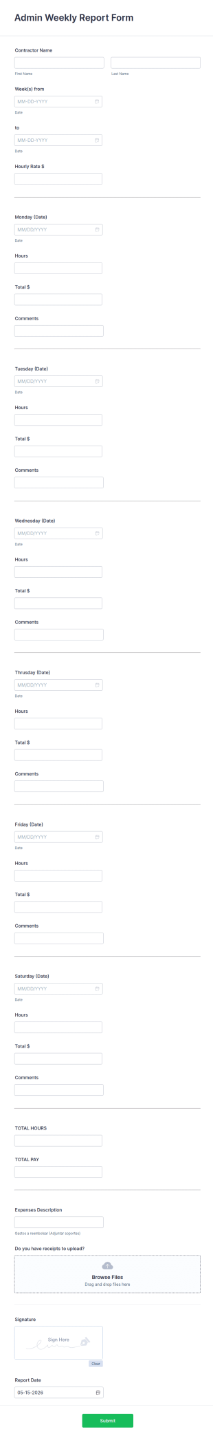 Admin Weekly Report Form Template
