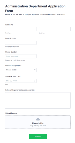 Administration Department Application Form Form Template