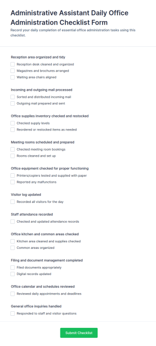 Administrative Assistant Daily Office Administration Checklist Form Template