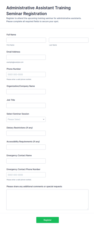 Administrative Assistant Training Seminar Registration Form Template