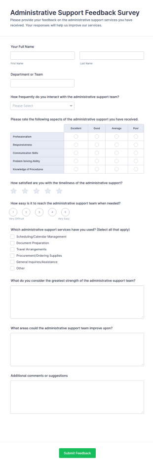 Administrative Support Feedback Survey Form Template