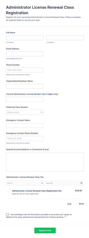 Administrator License Renewal Class Registration Form Template