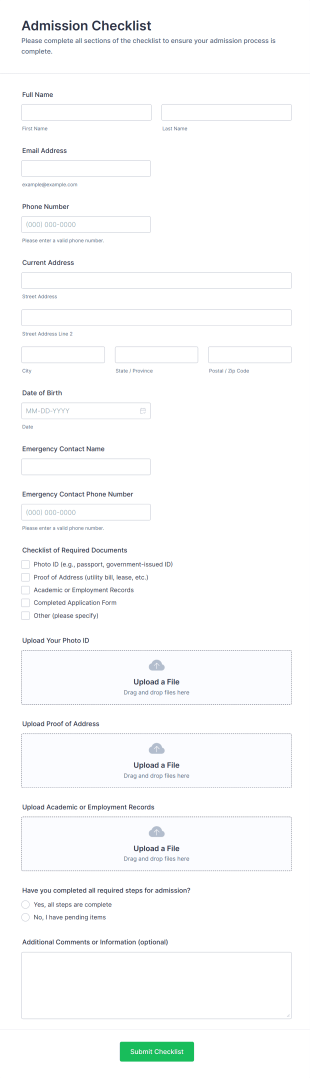 Admission Checklist Form Template