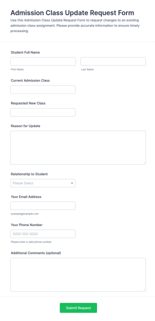 Admission Class Update Request Form Template