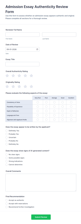 Admission Essay Authenticity Review Form Template