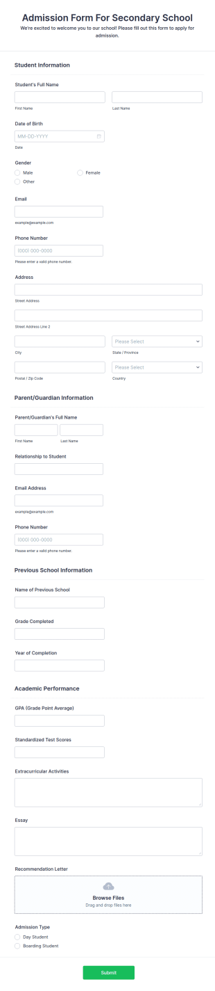 Admission Form For Secondary School