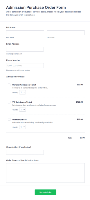 Admission Purchase Order Form Template
