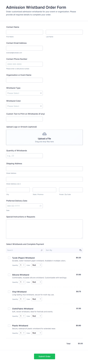 Admission Wristband Order Form Template