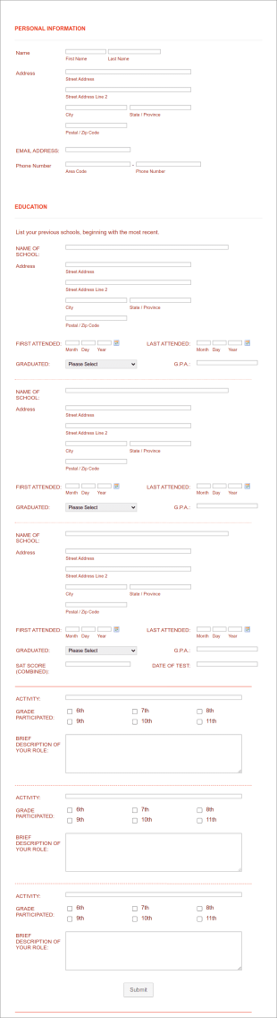 Admissions Application Form Template