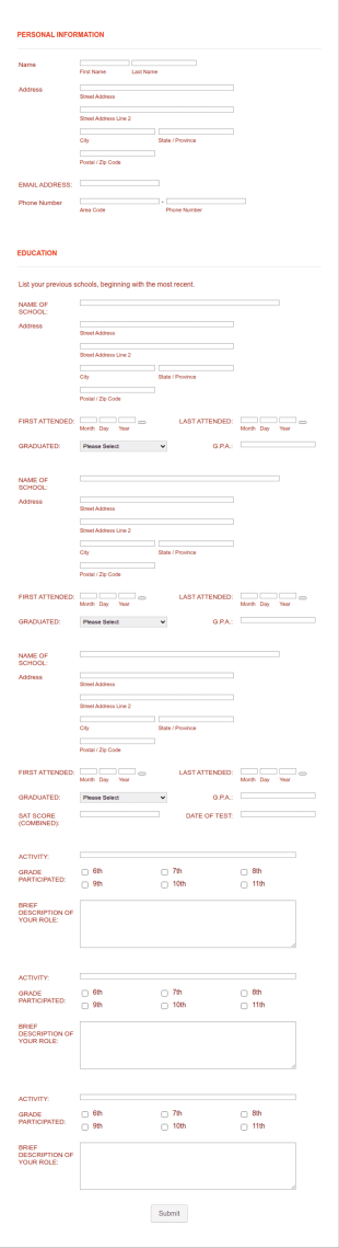 Admissions Application Form Template