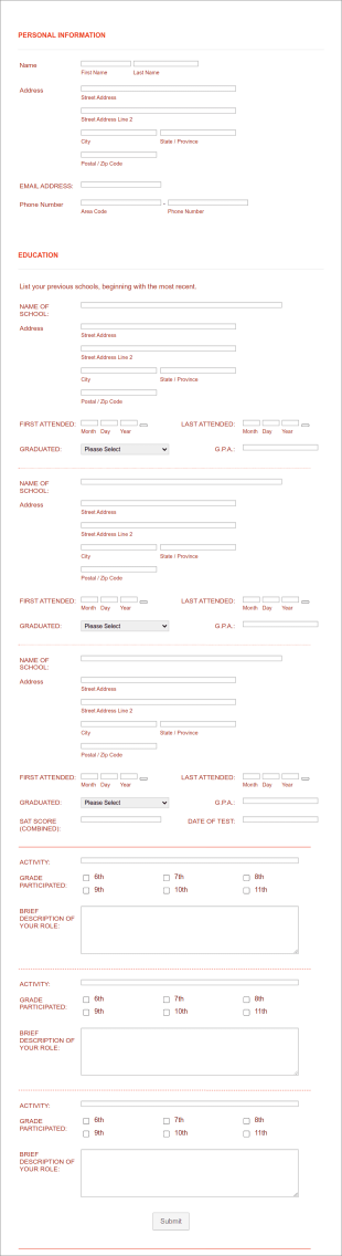 Admissions Application Form Template
